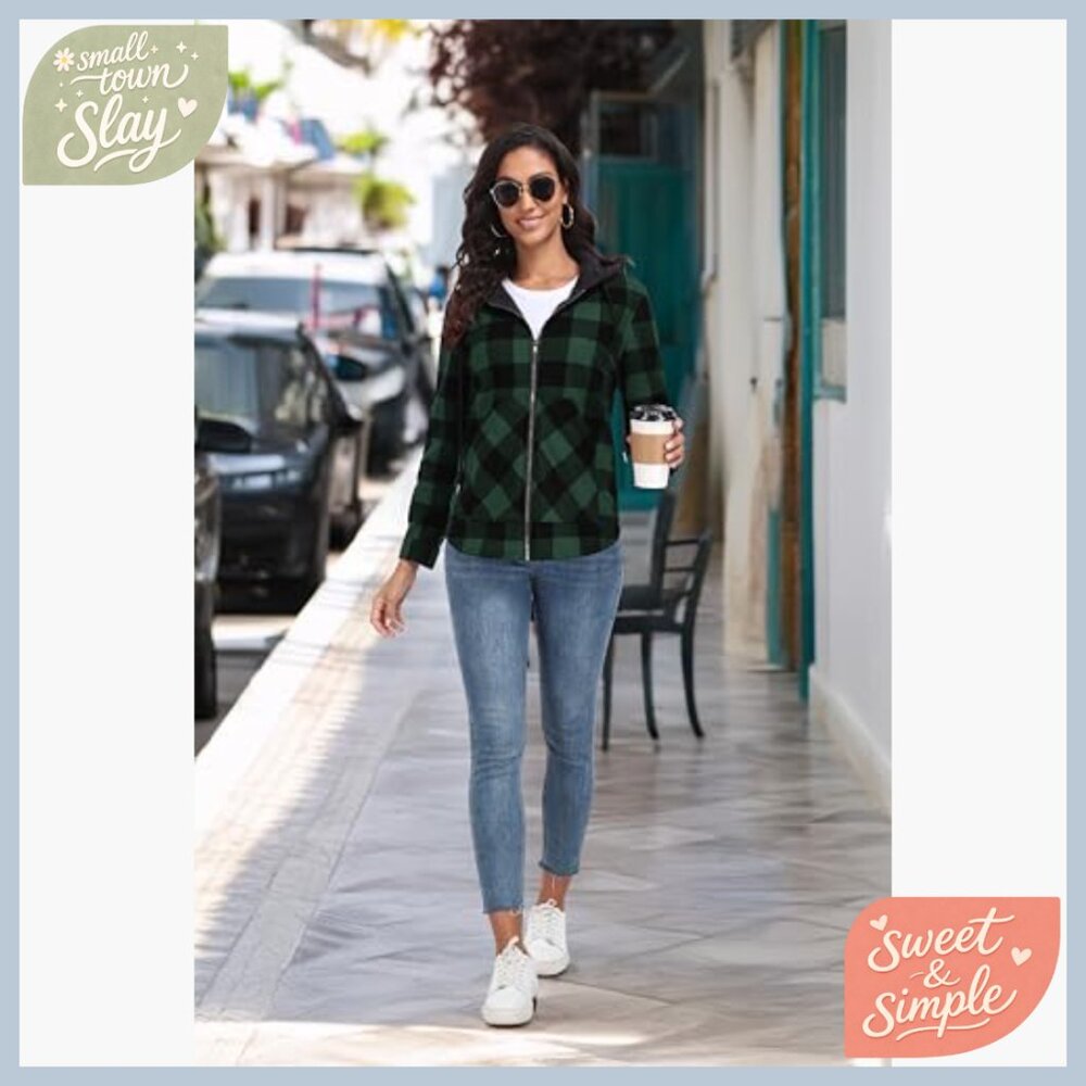Women's Plaid Fleece Jacket Hooded Full Zip Casual Fall Winter Warm - Picture 2 of 7